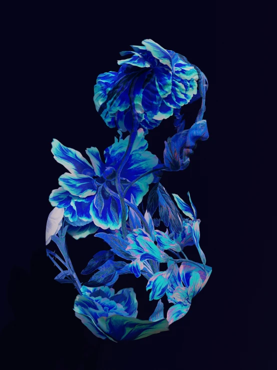 a blue flower is in the dark, with only one stem