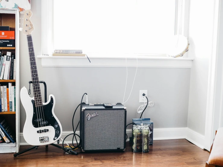 a musical instrument and amp sit in a room