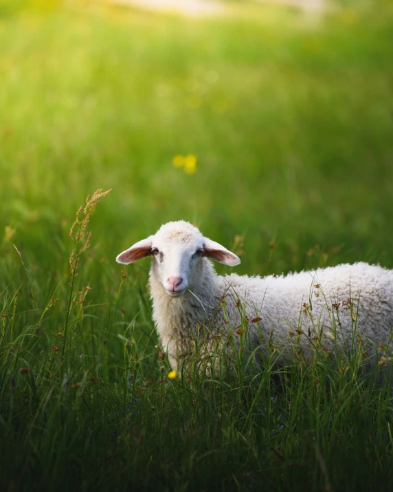 a lamb with a pink ears standing in the grass