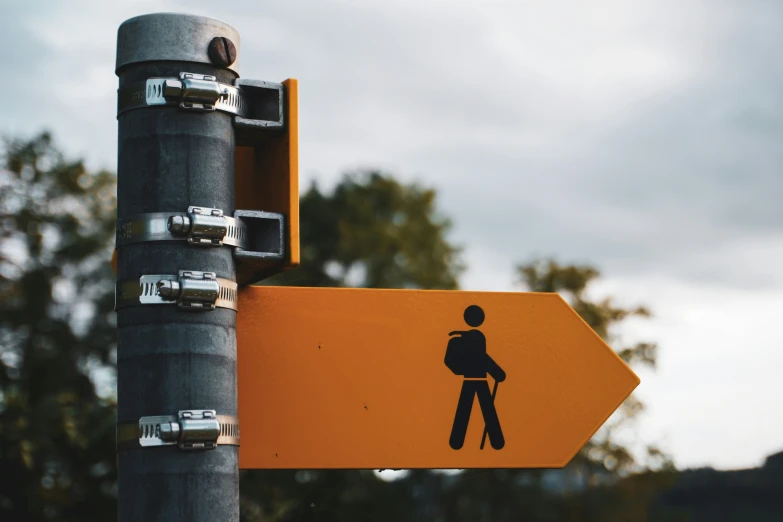 a black and yellow street sign pointing to the left