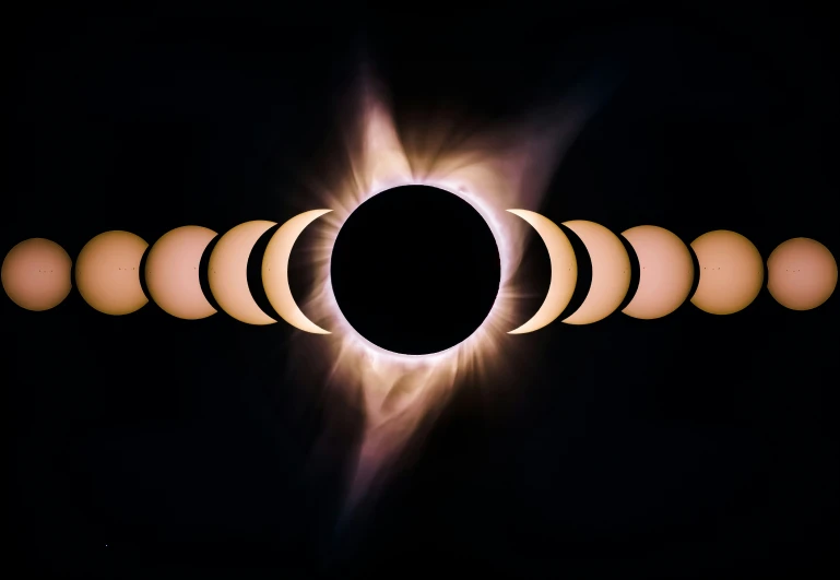 a solar eclipse as seen through a circular of eight glowing crescentes