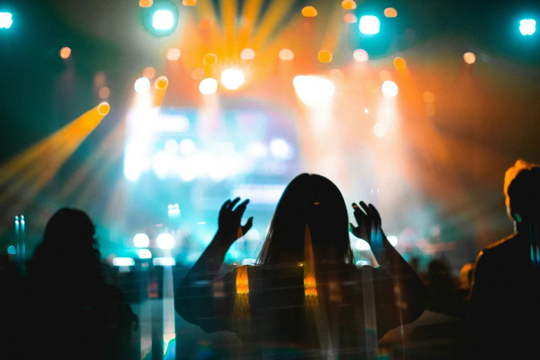 people are at a concert, one is raised up and the other has hands in the air