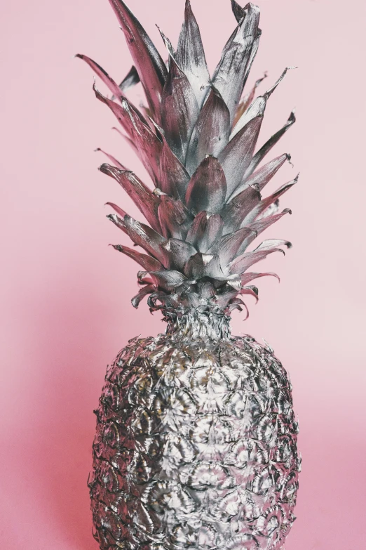 a pineapple sits atop a silver wire mesh basket