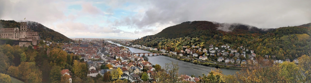 the landscape is very colorful with trees and houses