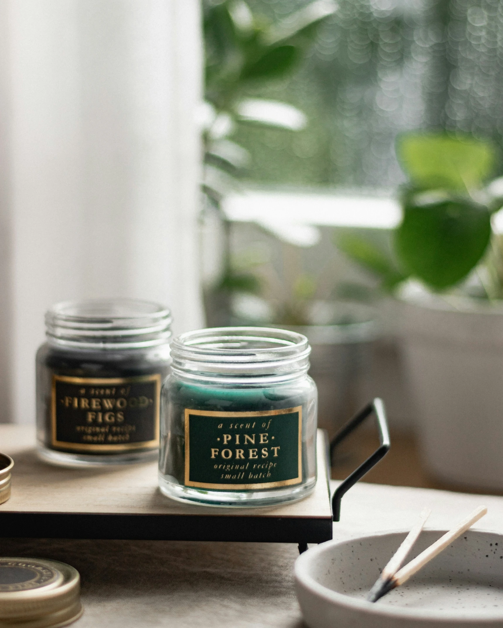 some candles are on a tray by a potted plant