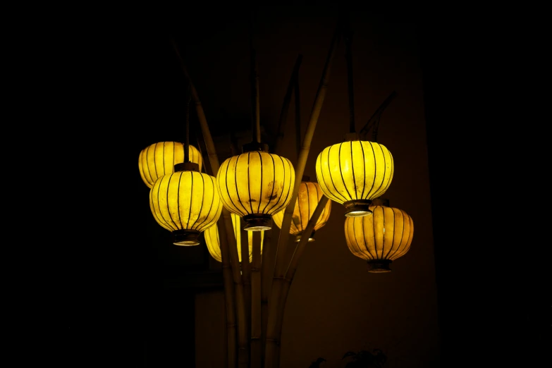 yellow lanterns hanging on sticks at night time