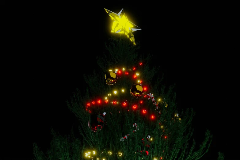 the star and lights decorate a christmas tree