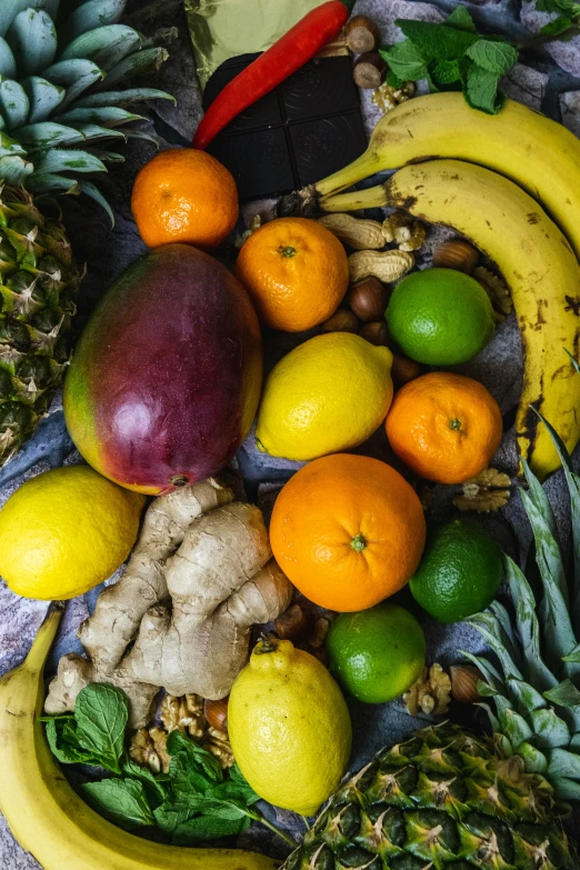 a large display of fruit is in a bowl