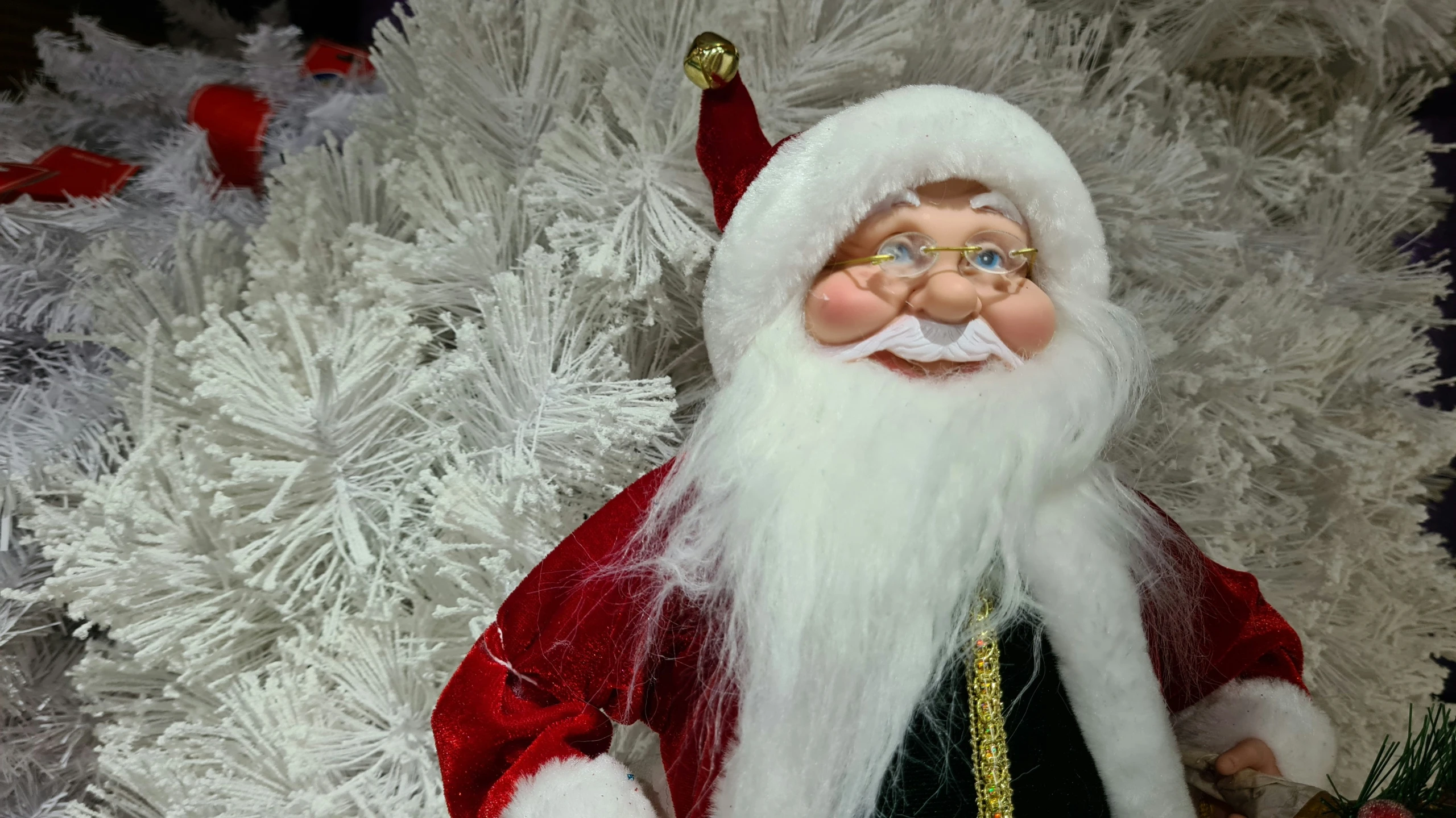 santa clause with glasses and beard holding a tree