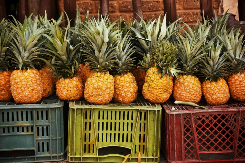 a collection of pineapples sit in crates