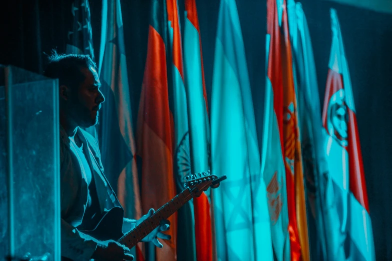 the musician plays a guitar in front of many flags