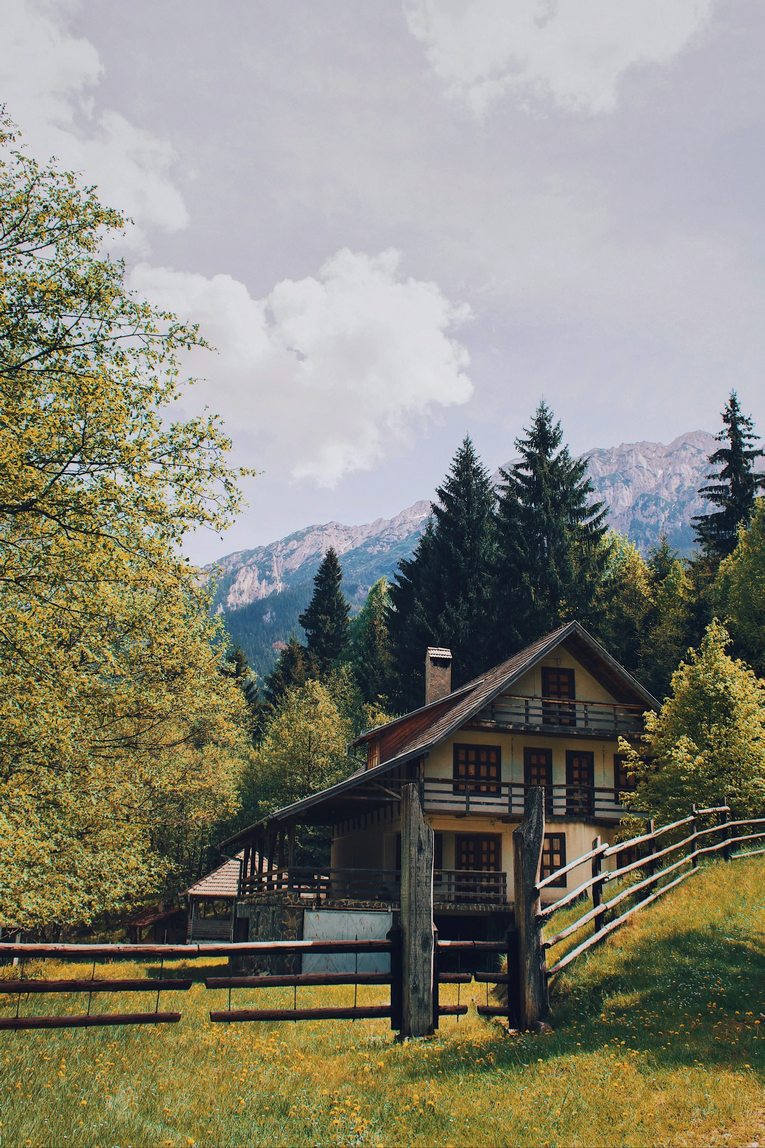 a house sits in the woods near a fence