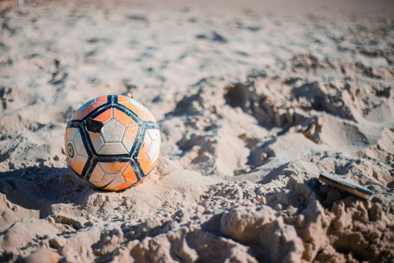 a soccer ball sits in the sand by the ocean