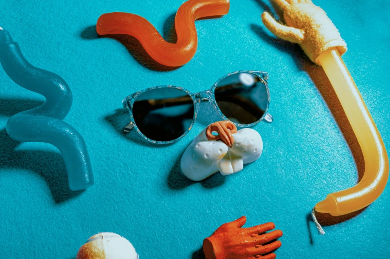 several toys and a small animal on top of a blue table