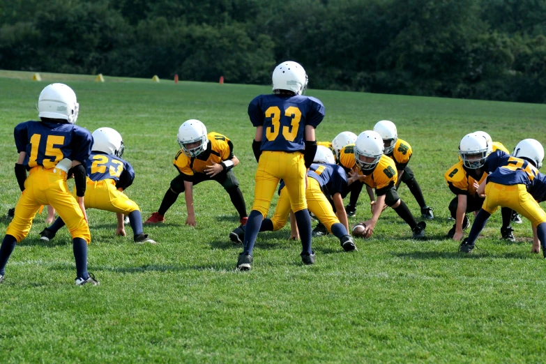 a group of young children dressed in yellow and blue uniforms