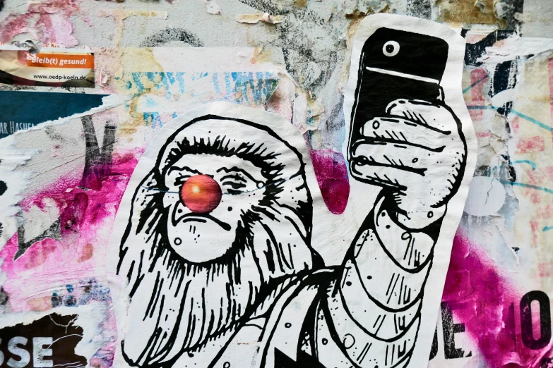 an altered image of a clown holding a cell phone
