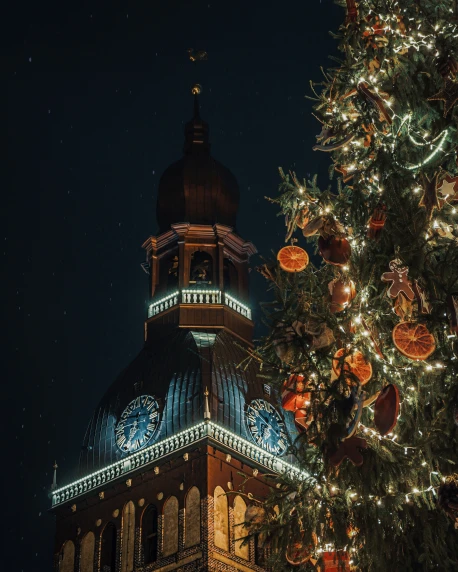 a decorated christmas tree and large building with a christmas tree in front