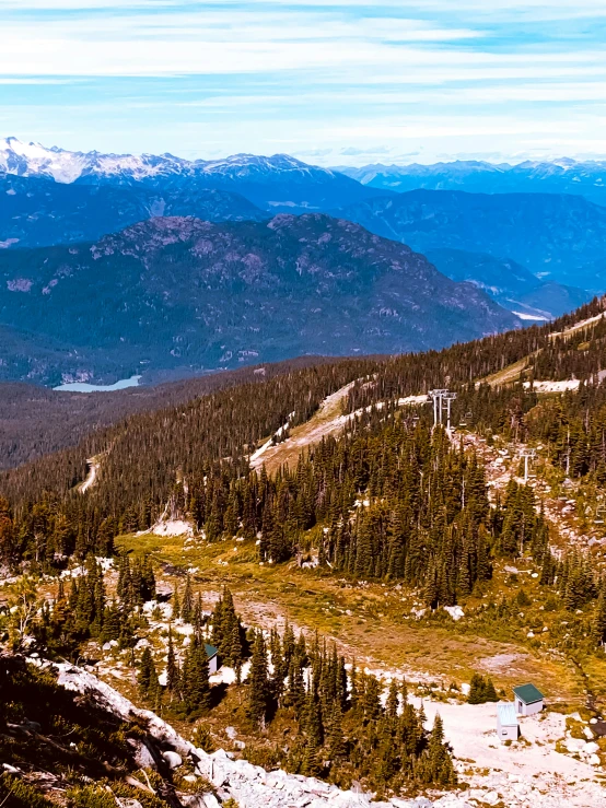 a snow covered mountain range with tall pine trees