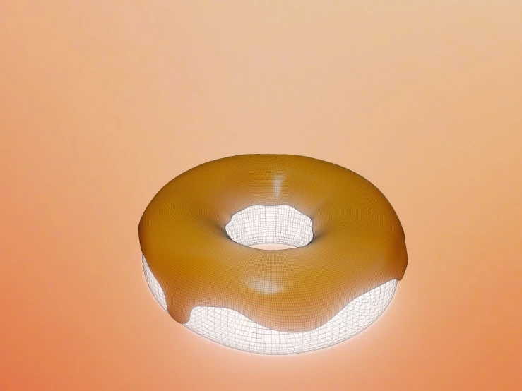 an overhead view of a doughnut against a pink and orange background