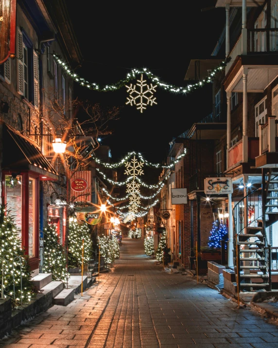 a city street lined with lights and christmas trees