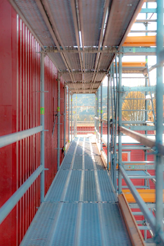 a view inside an orange and red building