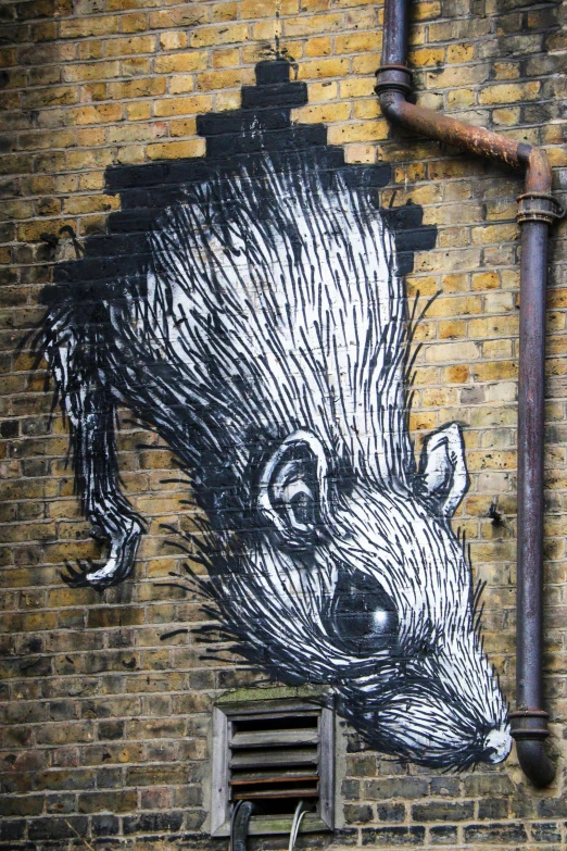 a black and white picture of a hedgehog on a brick wall