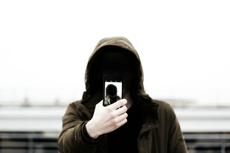 someone taking a po of a person in a hooded coat with a cell phone