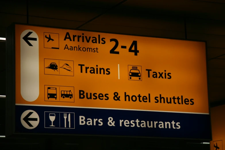 a large orange sign advertising buses and els