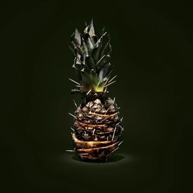 a pineapple sitting up against a black background