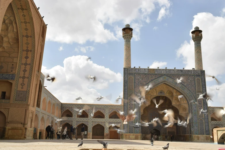 a mosque with some pigeons flying by on the ground