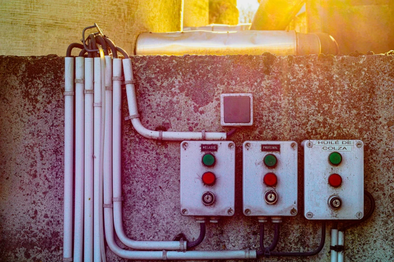 electrical equipment on top of concrete with the sun light shining in