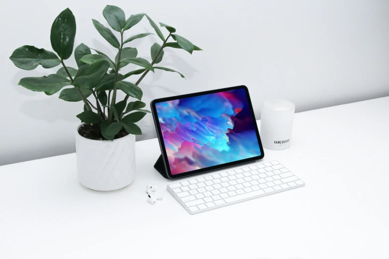 an tablet with a computer on top next to some plants