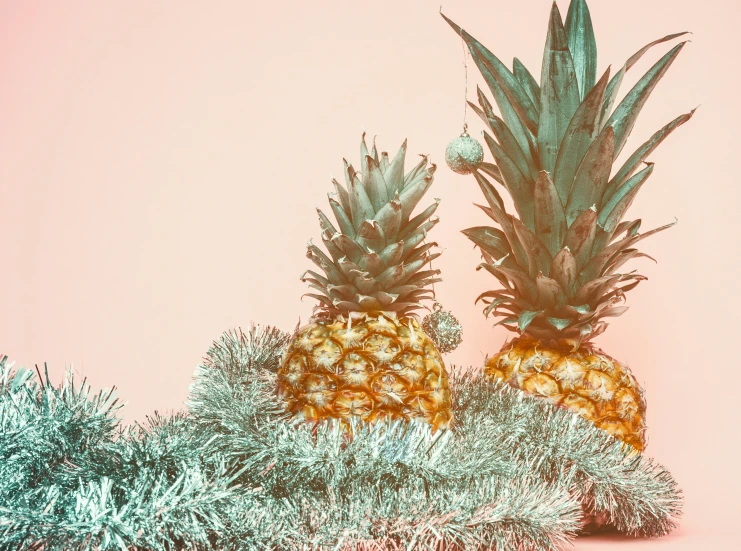 two pineapples are sitting next to plants on pink background