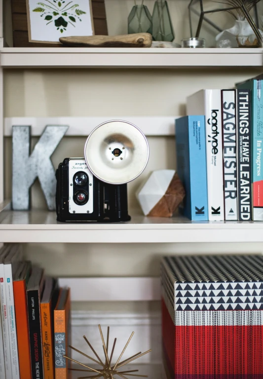 a room with two shelves with books and other items