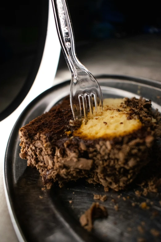 a fork on top of a plate with a piece of cake