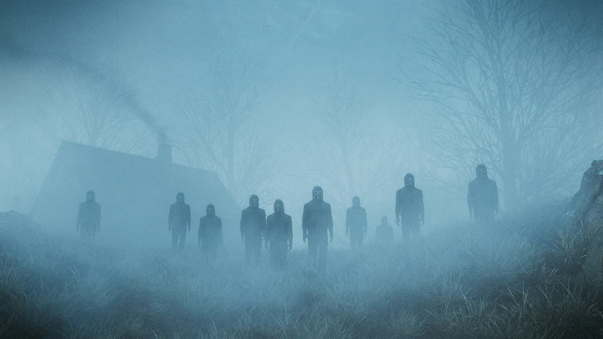 a group of people walking through a foggy forest
