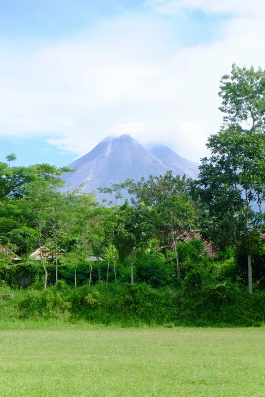 an empty field with a very tall mountain in the background