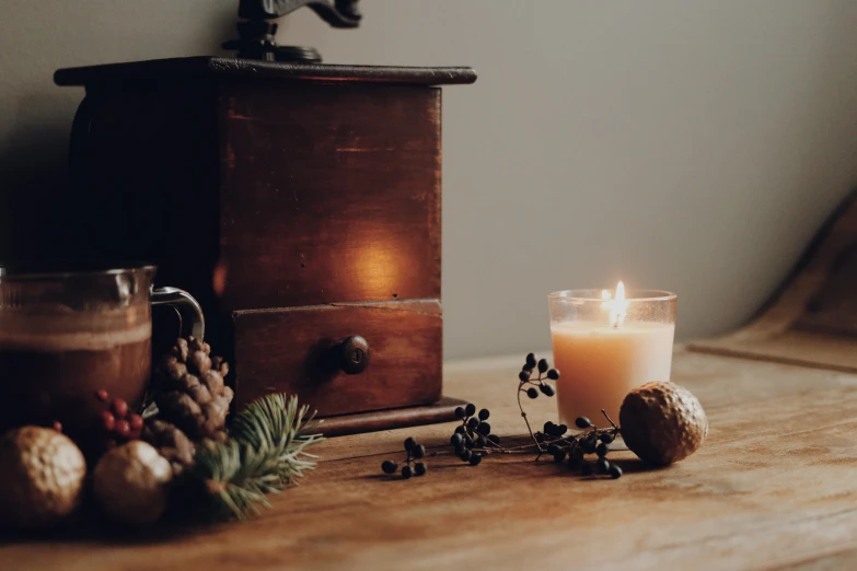 a lit candle sits next to two small pine cones