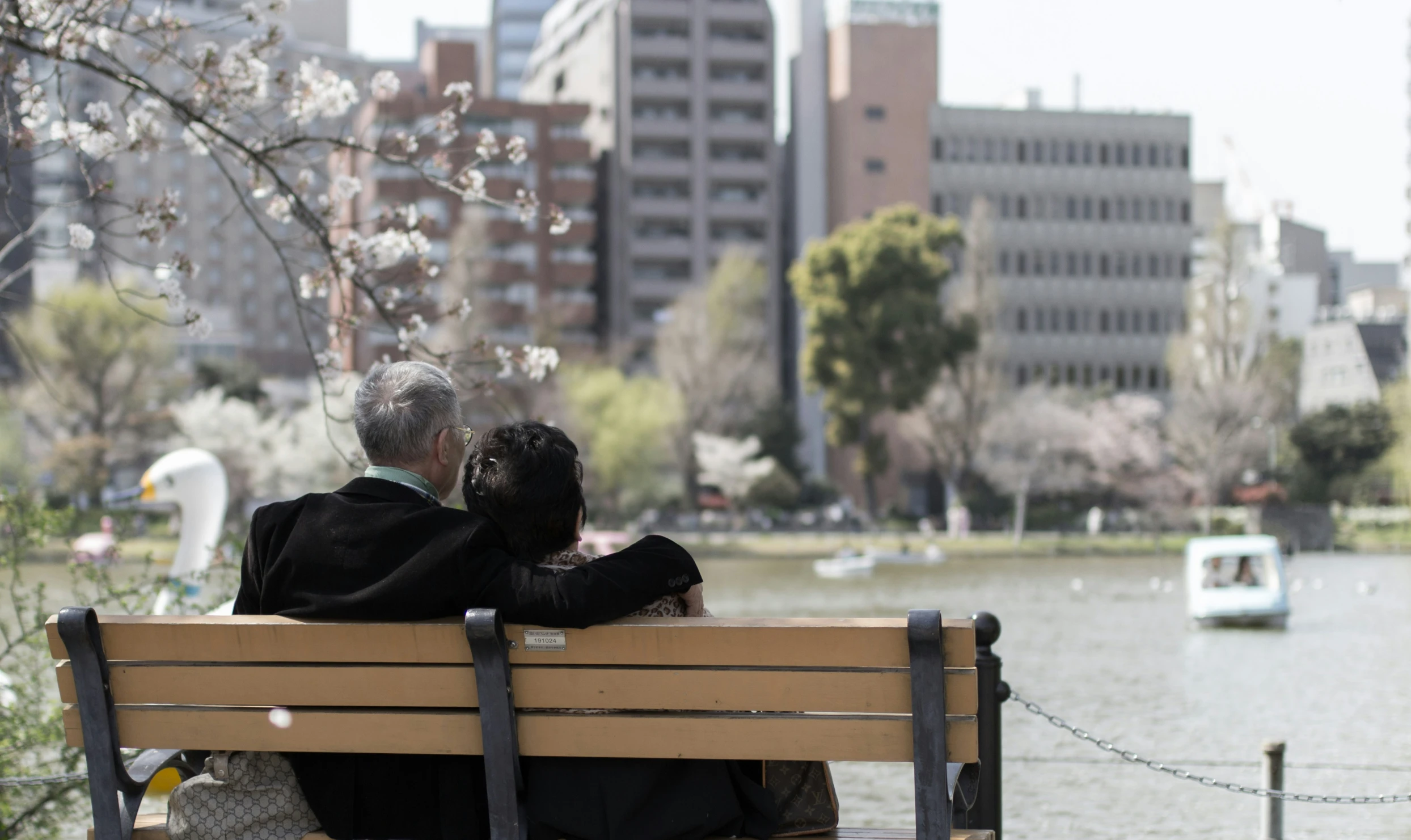 two people sit on a bench in front of water and a city