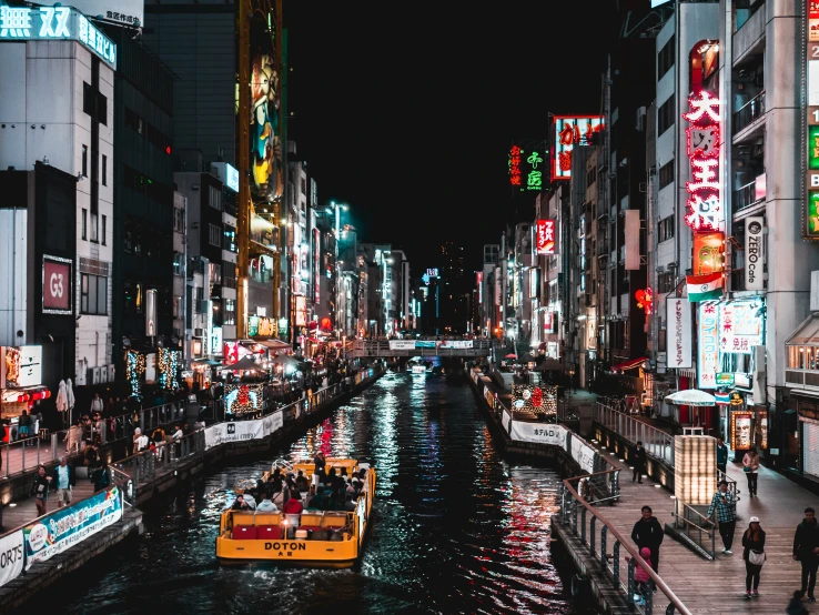 the river in a busy city has people on it