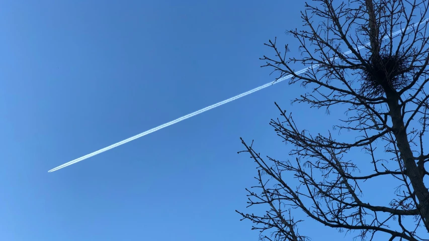 an airplane is leaving its contrail behind the bare nches