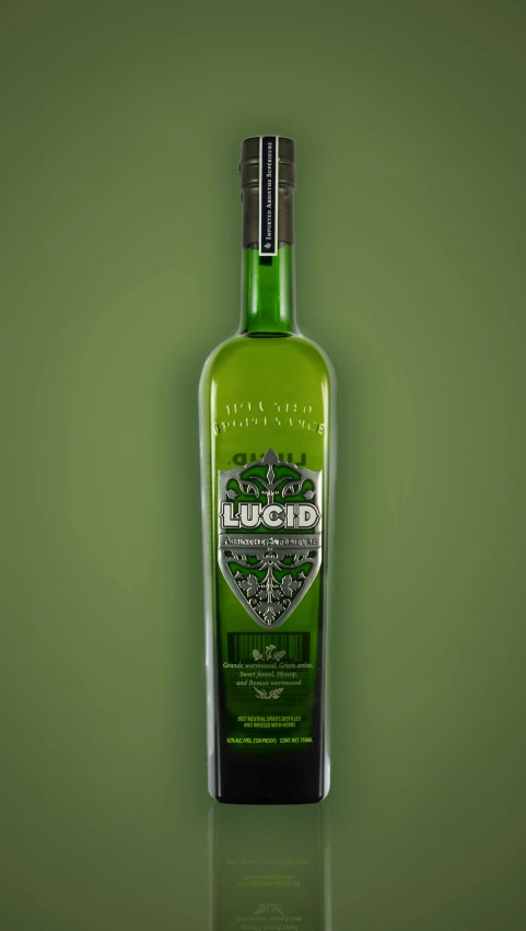 a bottle of alcohol is pictured against a green background