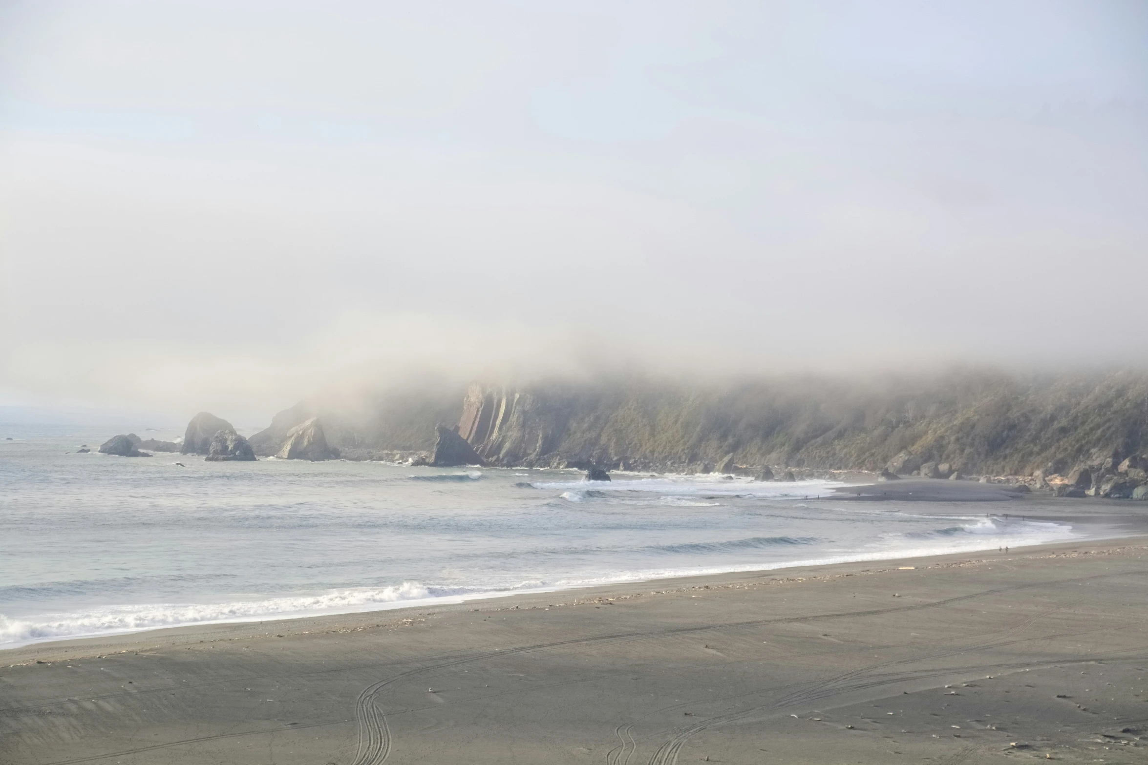 fog hangs in front of a beach with tall, rocky cliffs