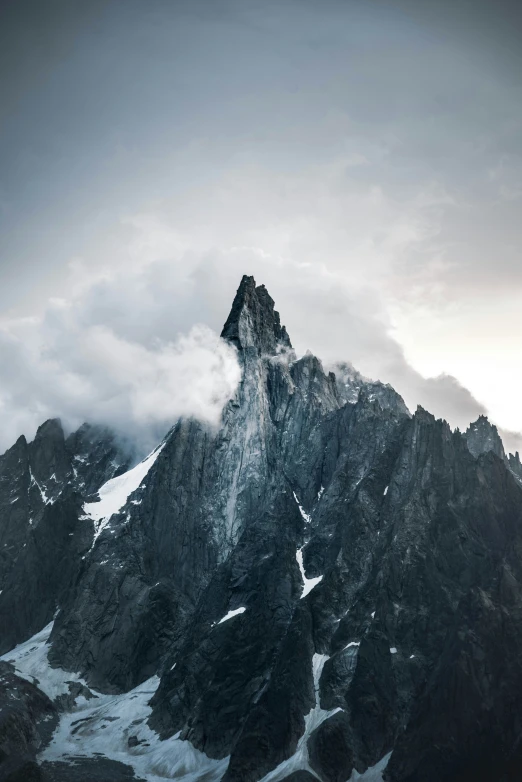 an overcast, stormy mountain range looks as though it has snow