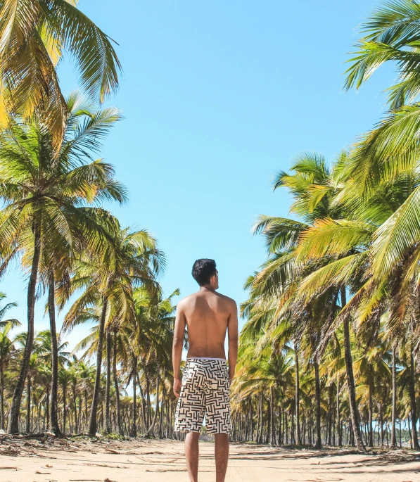 a man in swim trunks standing on the beach next to palm trees