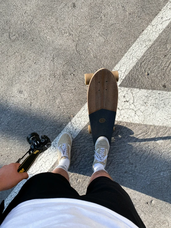 a skateboarder with his feet and board resting