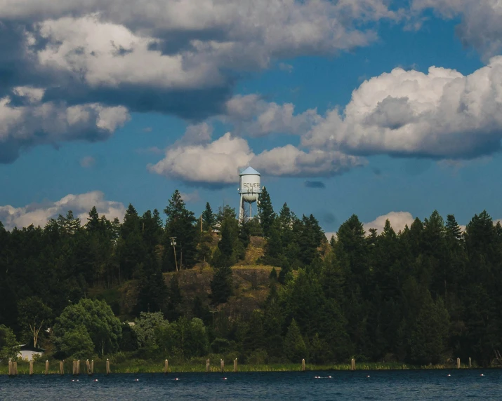 the water tower is visible above the trees