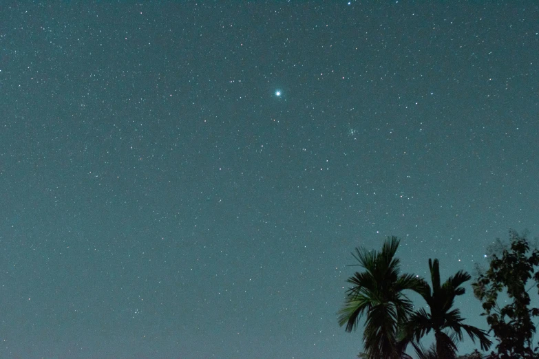 night time sky filled with clouds, stars and trees