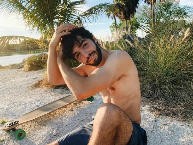 a man in his underwear is sitting on a beach