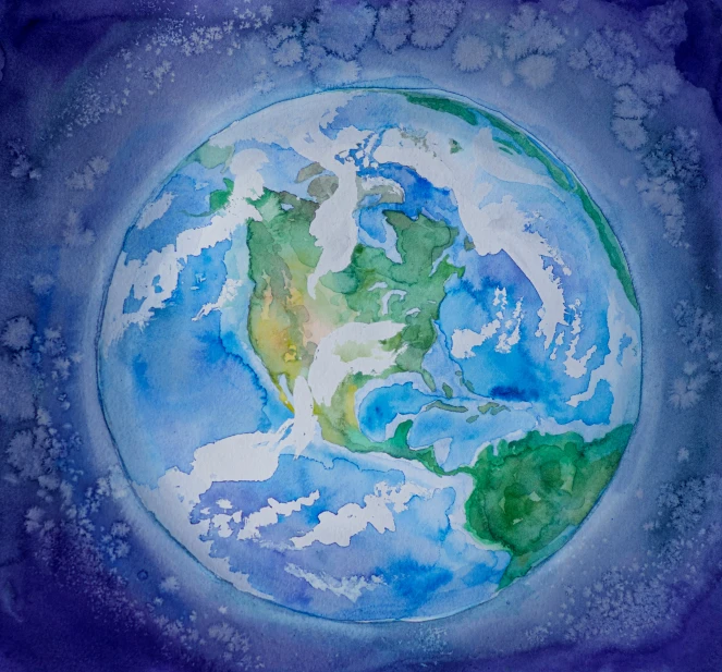 a drawing of the earth in blue watercolor